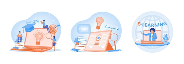 E-learning y conceptos educativos representados a través de ilustraciones vectoriales creativas
