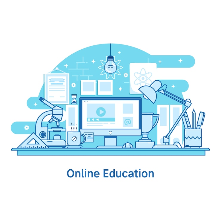 Vector e-learning, educación y banner de la universidad.