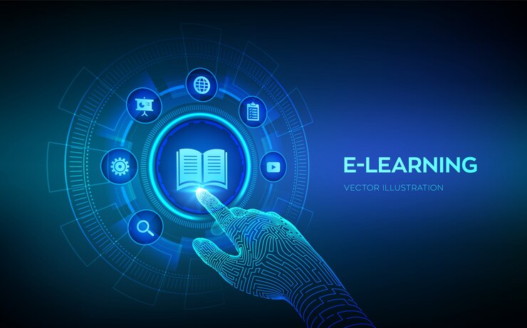Vector e-learning innovadora educación en línea y tecnología de internet. seminario web, enseñanza, cursos de capacitación en línea. desarrollo de habilidades. mano robótica conmovedora interfaz digital. ilustración.