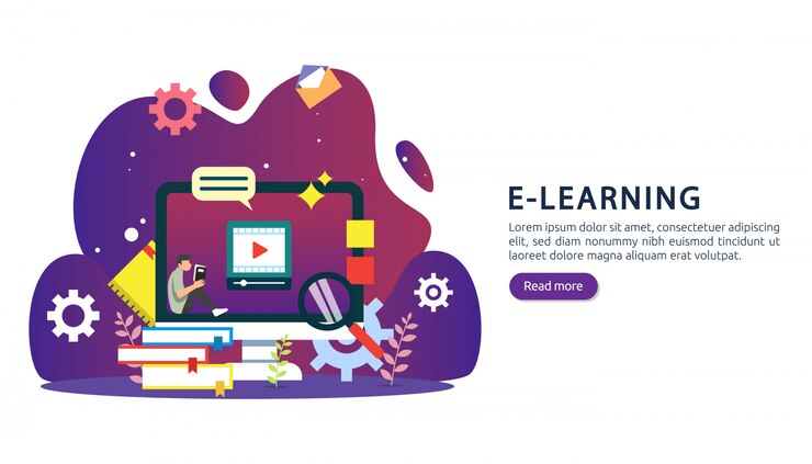 Vector e-learning, libro electrónico o concepto de educación en línea para banner