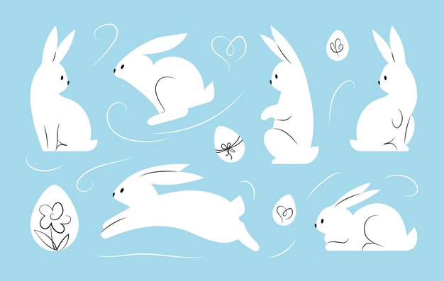 Easter bunny collection white rabbits in different poses and easter eggs on blue background