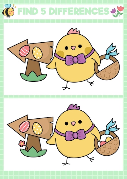 Easter kawaii encontrar diferencias juego para niños Atención habilidades actividad con pollo lindo yendo a la caza de huevos con canasta rompecabezas de vacaciones de primavera para niños imprimible qué es diferente worksheetxA