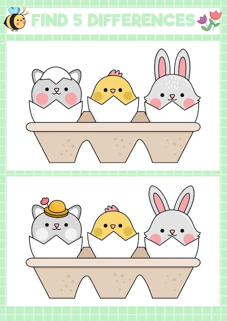 Vector easter kawaii encontrar diferencias juego para niños habilidades de atención actividad con animales de incubación lindo rompecabezas de vacaciones de primavera para niños con personajes divertidos imprimible qué es diferente worksheetxa