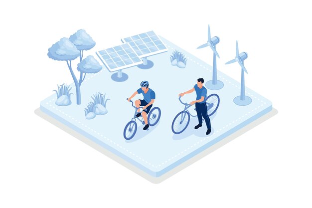 Ebike de transporte sostenible en la ilustración moderna del vector isométrico de la ciudad moderna