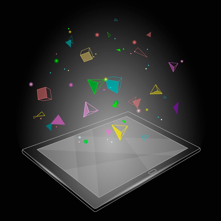 Vector ebook tablet pc realidad virtual imaginación visual efecto mental. bajo poligonal poligonal