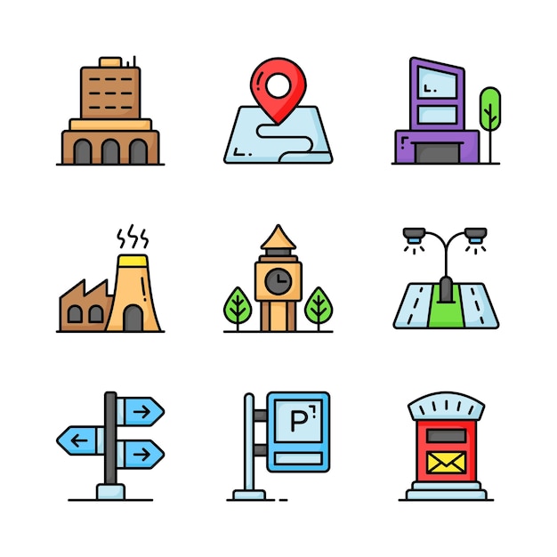 Echa un vistazo a este conjunto de iconos de elementos de la ciudad visualmente atractivos listos para su uso premium