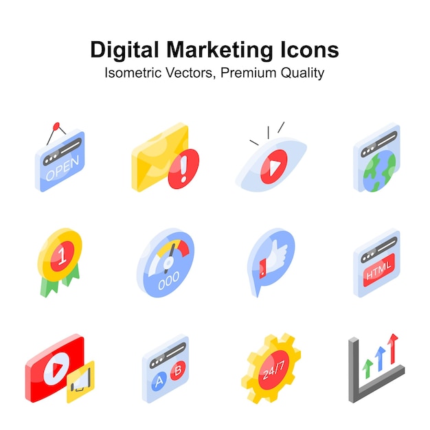 Echa un vistazo a este hermoso y increíble marketing digital iconos isométricos vectores editables