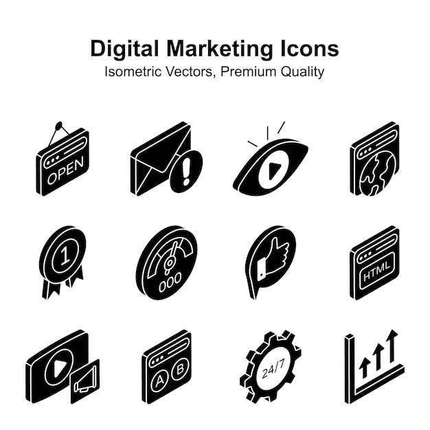 Echa un vistazo a este hermoso y increíble marketing digital iconos isométricos vectores editables