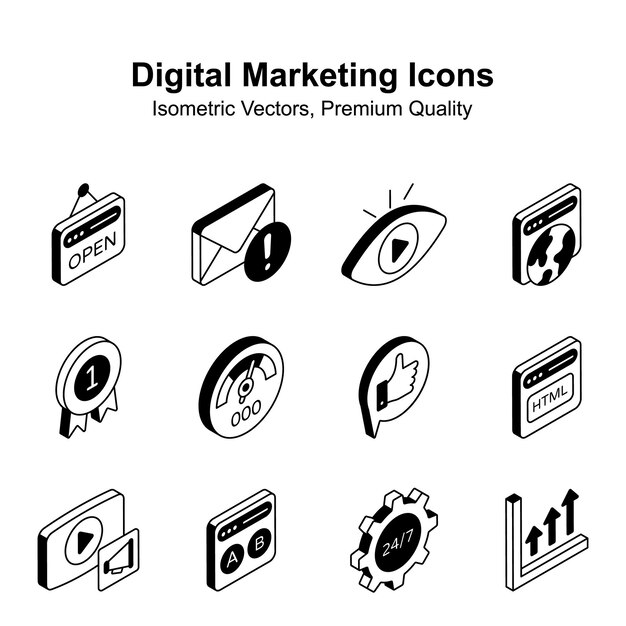 Echa un vistazo a este hermoso y increíble marketing digital iconos isométricos vectores editables