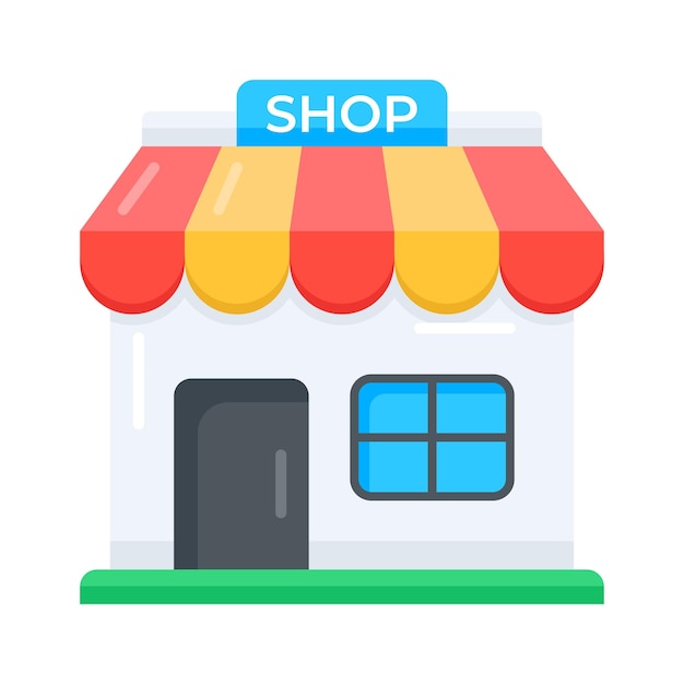 Echa un vistazo a este icono plano de la fachada de la tienda con señalización