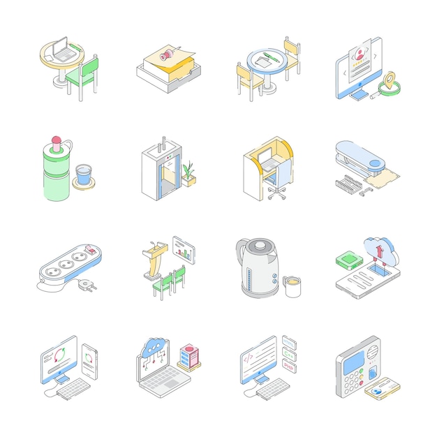 Echa un vistazo a nuestra colección isométrica de iconos de accesorios de oficina