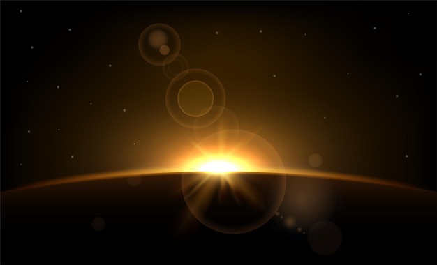 Eclipse de sol. Anillo solar sobre fondo oscuro. Planeta con rayos de sol. brillo dorado en el espacio