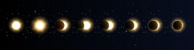 Vector eclipse solar en diferentes fases cosmos con estrellas lunares y sol en eclipse solar total y parcial