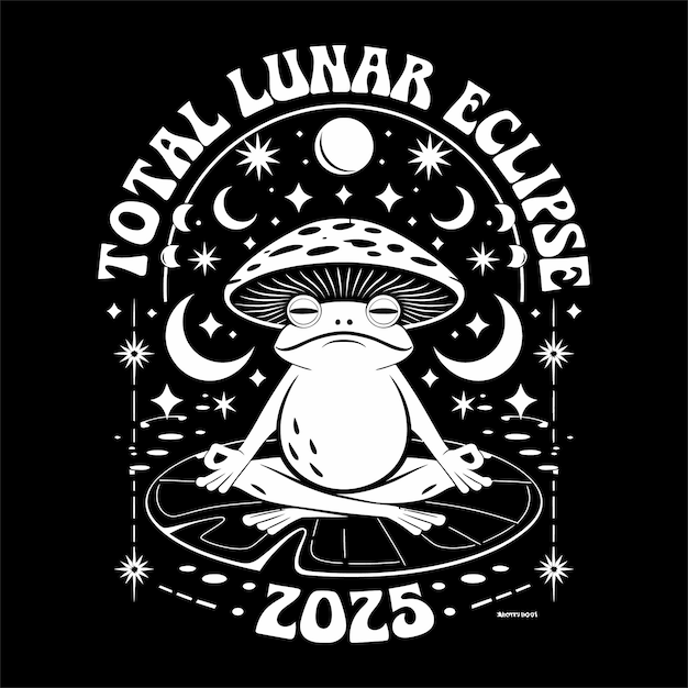 Eclipse total de Luna 2025 Rana meditando bajo un hongo