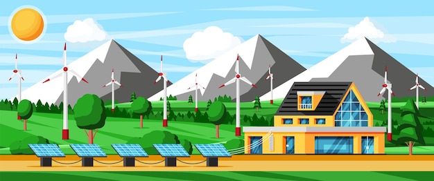 Vector eco casa concepto naturaleza paisaje de montaña con edificio moderno paneles solares generadores eléctricos eólicos turbina fuente de energía verde alternativa energía renovable ilustración vectorial plana