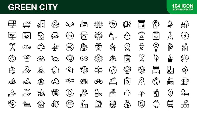 Eco City Icon Set Íconos de líneas minimalistas para la sostenibilidad Ciudades inteligentes y medioambientales