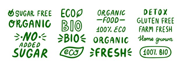 Eco doodle orgánico inscripciones dibujadas a mano etiquetas de letras conjunto de letras texto orgánico 100 natural bio sin azúcar añadido y desintoxicación icono de alimentos saludables