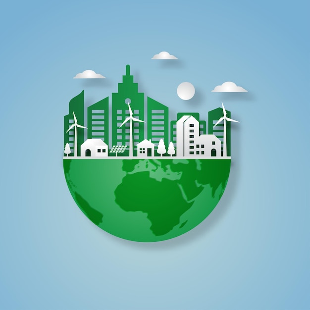 Eco friendly y green energy ecology concepto con green eco earth y trees vector illustration