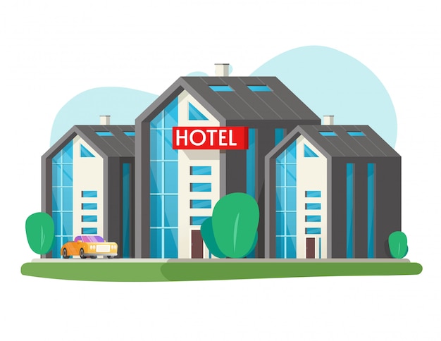 Eco hotel vector gran edificio aislado y gran motel en la ciudad de la ciudad ilustración de dibujos animados plana