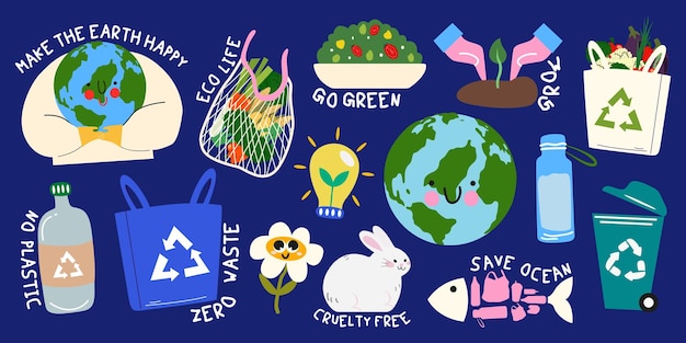 Eco lifestyle cartoon stickersZero waste go green cruelty free Green sustainable habits set