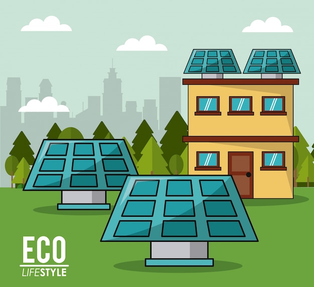 Vector eco lifestyle solar panel house smart clean energy innovation cityspace
