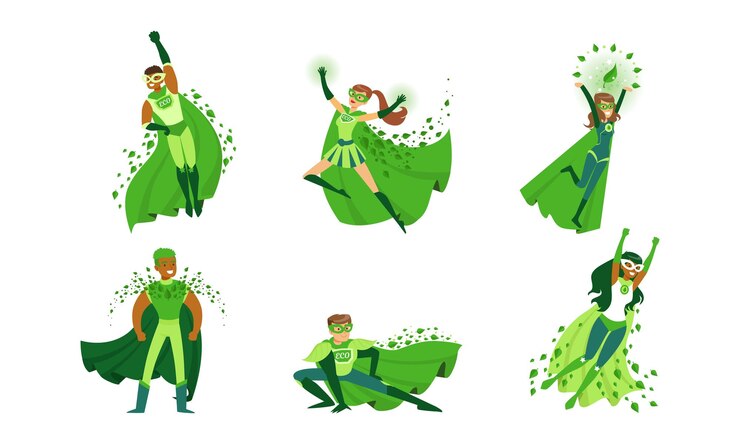 Vector eco superhéroe personaje que lleva una capa verde y una máscara vector set