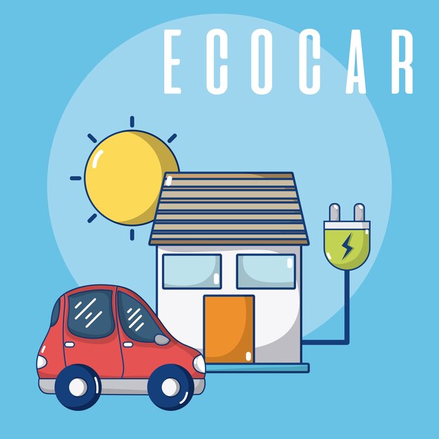 Vector ecocar cargando en casa con enchufe