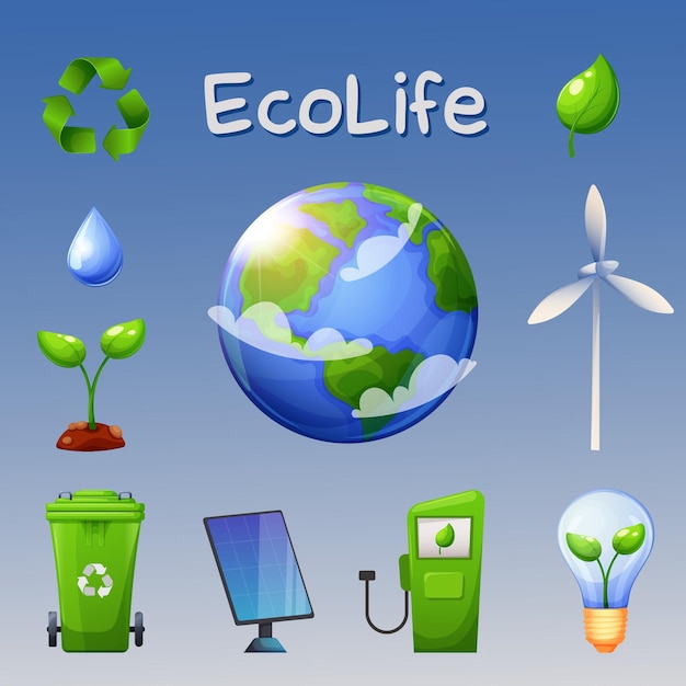 Ecolife día de la tierra colección de iconos de estilo de dibujos animados planeta tierra hoja planta bombilla molino de viento panel solar coche estación de carga reciclaje
