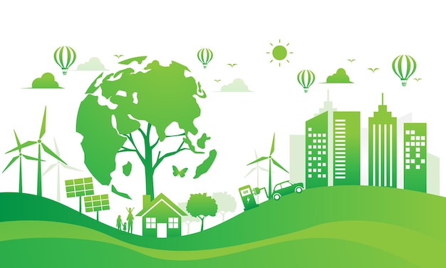 ecología de los árboles día mundial del medio ambiente y energía renovable estandarte de fondo ciudad verde concepto sostenible ilustración vectorial diseño plano