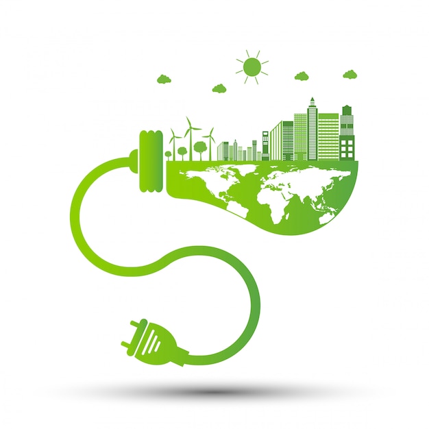 Ecología y concepto ambiental, símbolo de la tierra con hojas verdes alrededor de las ciudades Ayuda al mundo con ideas ecológicas, ilustración vectorial