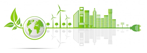 Ecología y concepto ambiental, el símbolo de la tierra con hojas verdes alrededor de las ciudades ayuda al mundo con ideas ecológicas