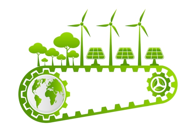 Vector ecología y concepto ambientalel símbolo de la tierra con hojas verdes alrededor de las ciudades ayuda al mundo con ideas ecológicas