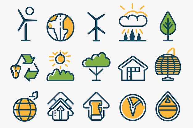 Ecología conjunto de iconos de contorno colorido naturaleza verde y concepto de símbolo de desarrollo sostenible