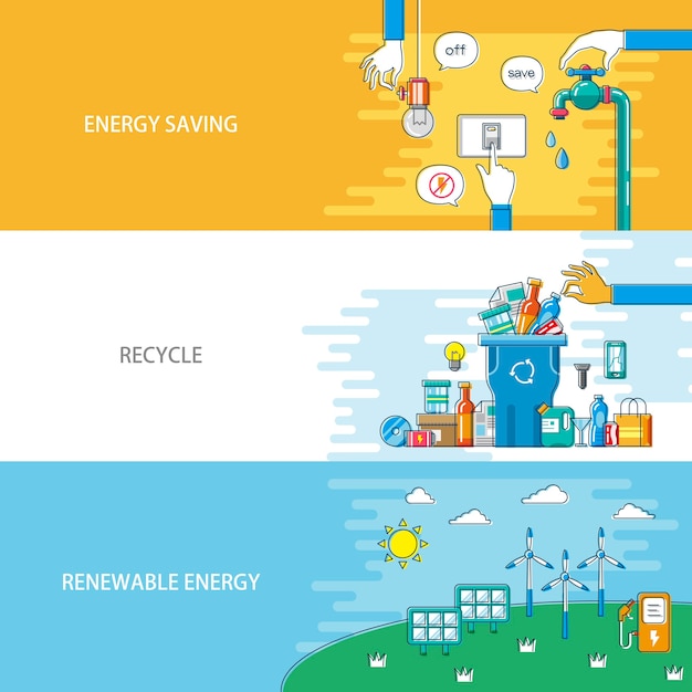 Ecología diseño plano ilustración ahorro de energía. reciclar y energías renovables