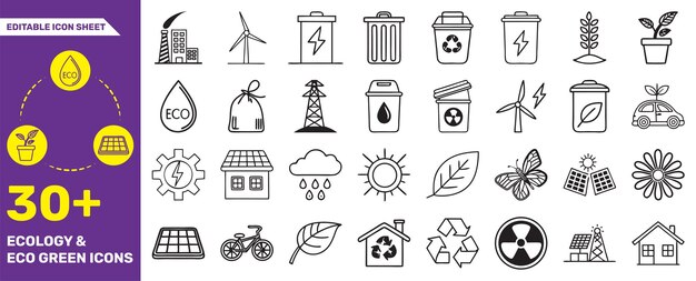 Ecología y EcoFriendly Icon Set 30 Iconos vectoriales de energía verde y sostenibilidad editables