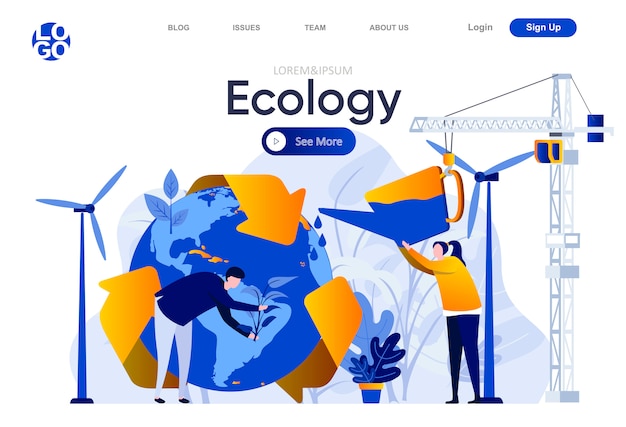 Ecología página de aterrizaje plana. gente que planta árboles y que riega la ilustración del globo de la tierra. ecología global y seguridad del ecosistema, composición de página web de energía verde limpia con personajes de personas.