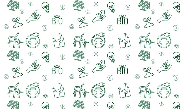 Ecología de patrones sin fisuras con iconos de líneas finas para el medio ambiente, el reciclaje, las energías renovables, la naturaleza