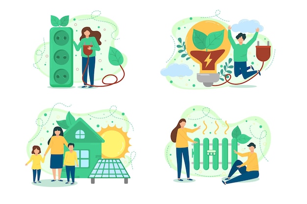 Vector ecología los personajes desarrollan el concepto de energía verde ilustración de desarrollo sostenible verde el concepto de electricidad verde y ahorro de energía ilustración vectorial