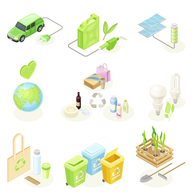 Ecología y protección y conservación del medio ambiente con el reciclaje de automóviles eléctricos y conjuntos de vectores isométricos de paneles solares
