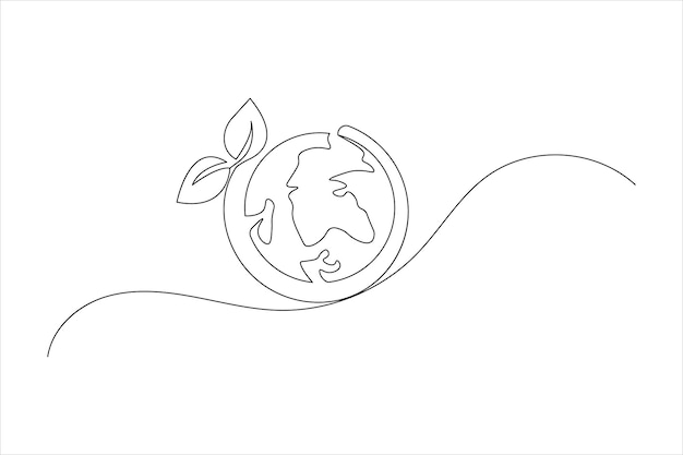 Ecología sostenible dibujo de líneas continuas y naturaleza icono vectorial del contorno del planeta
