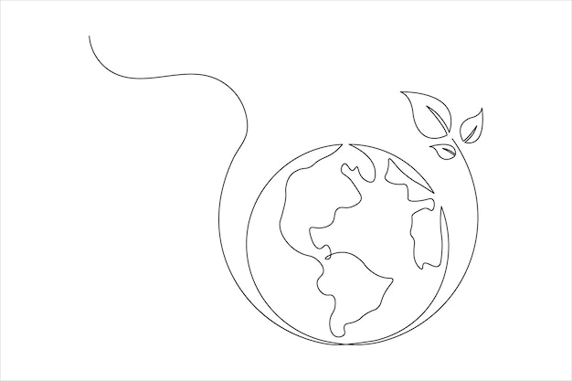 Ecología sostenible dibujo de líneas continuas y naturaleza icono vectorial del contorno del planeta