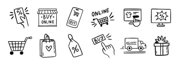 Ecommerce compras en línea doodle icono dibujado a mano conjunto de dibujos de contorno línea de compras en línea de comercio electrónico