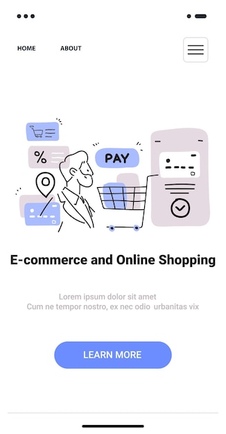 Ecommerce y concepto de compras en línea con iconos de pago de carrito de compras de persona boceto minimalista
