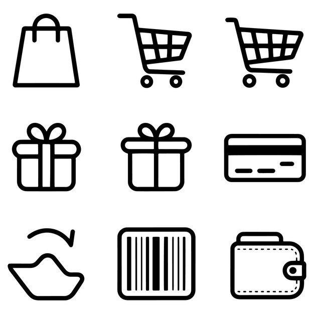 Ecommerce y línea de compras Icon Set Gift Cart Wallet Código de barras Colección de vectores de pago