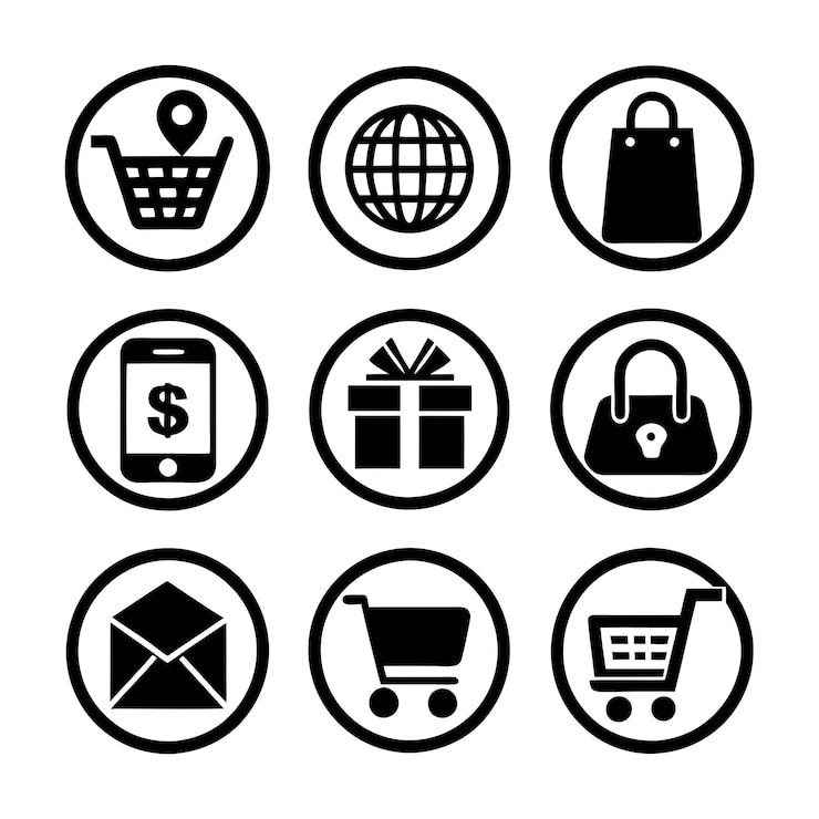 Vector ecommerce y shopping icon set para la interfaz de usuario de documentos, sitios web y aplicaciones móviles