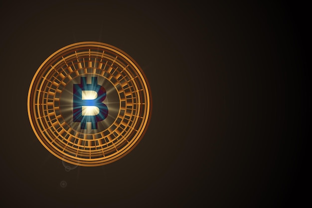 Economía digital de moneda bitcoin dorada brillante y símbolo electrónico financiero sobre fondo oscuro