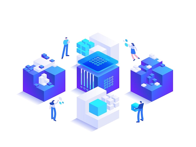 Ecosistema Blockchain e intercambio de activos digitales Criptomoneda y tecnología de dinero digital minería cripto negocio e inversión concepto Vector carácter ilustración aislada sobre fondo blanco