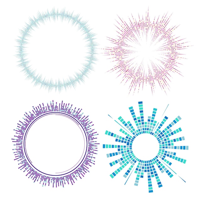 Vector ecualizadores circulares abstractos. ecualizador de ondas sonoras de audio redondas. rayos explosivos.