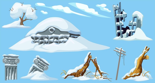 Edad de hielo Columnas grises antiguas Objetos de juego de dibujos animados montañas de nieve y edificios
