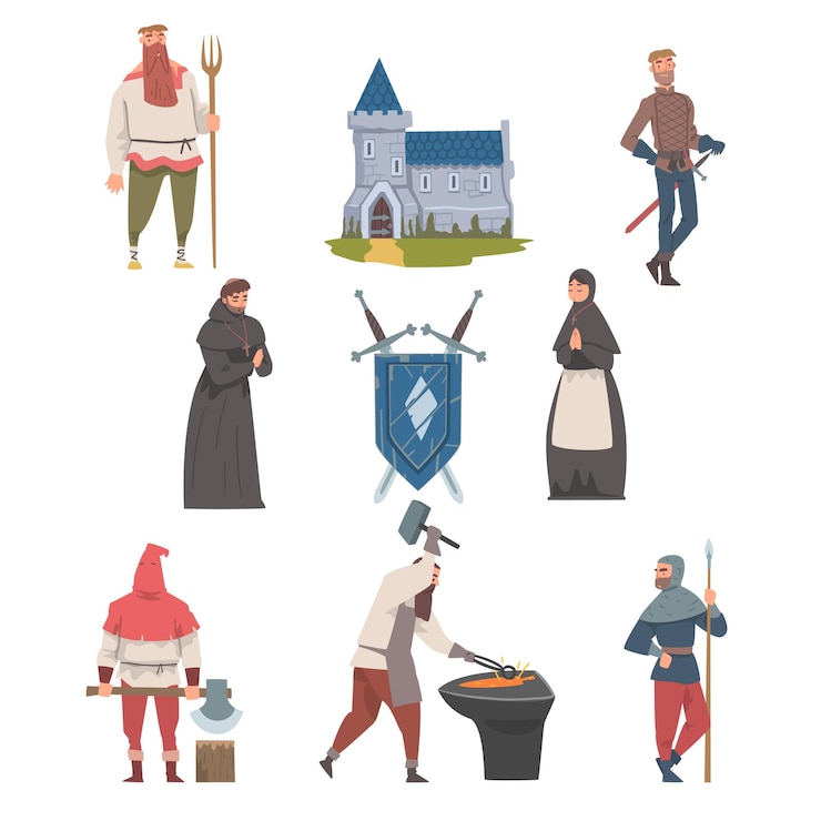 Vector edad media con personas medievales personajes escudo de armas y fortaleza conjunto de ilustraciones vectoriales